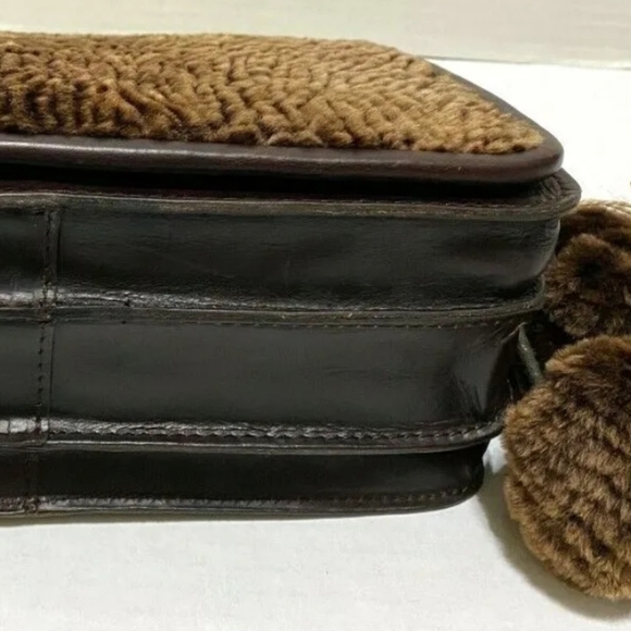 Patricia Nash shearling and leather crossbody bag with pom poms 9"x 7"x 2.5" - Picture 6 of 14